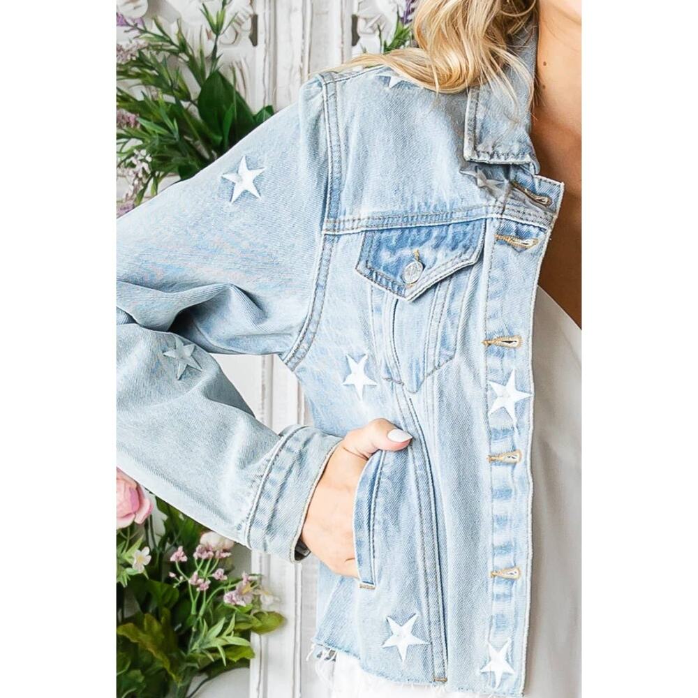 "Starboard" Star Embroidered Denim Jacket in Lt Wash - Picture 1 of 10